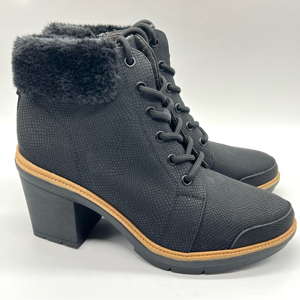 Dr Scholls Womens 8.5M Black Fur Trimmed Block Heel Ankle Boot Shoes